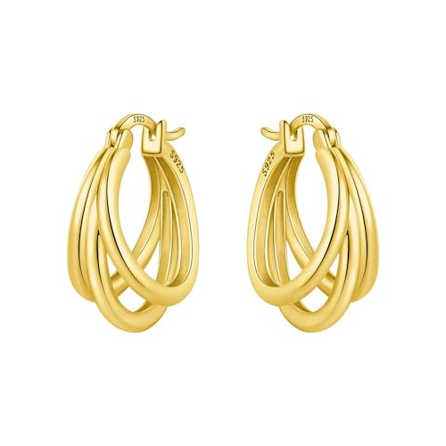 Sterling Silver 18K Gold Plated Women's Earrings Hypoallergenic Hoops, Dainty Trendy Jewelry Gift - color: Golden | Gold Triple Hoop Earrings