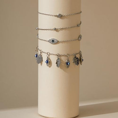 LOFITOR Anklets for Women Ankle Bracelet Charm Link Chain Set Foot | Waterproof Dainty Cz Evil Eye Beaded Anklets Adjustable Beach Foot Jewelry Feet Chains, Summer Beach Foot Jewelry Gifts - style: Evil-eye Silver