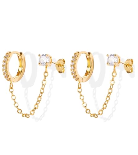 Kenivira Gold Pearl Hoop Earrings for Women | 18K Gold Huggie Dangle Earrings | Lightweight Small Hoop Earrings - color: Link-CZ & Hoop & Stud