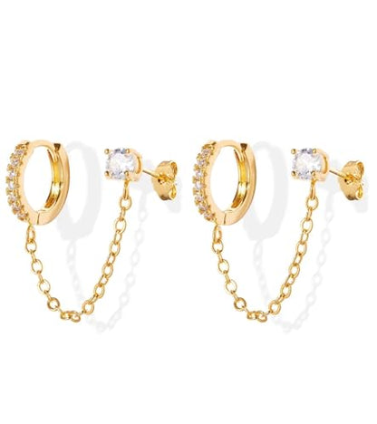 Kenivira Gold Pearl Hoop Earrings for Women | 18K Gold Huggie Dangle Earrings | Lightweight Small Hoop Earrings - color: Link-CZ & Hoop & Stud