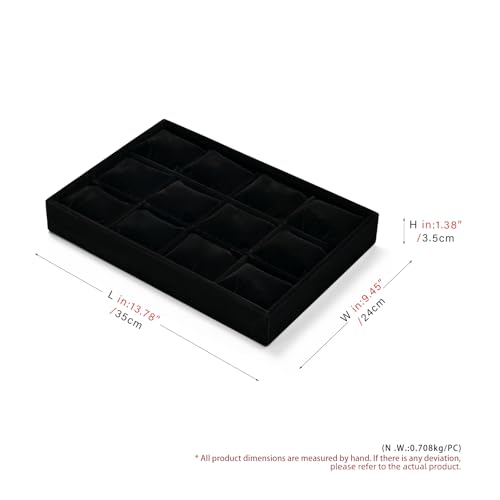 Black Velvet 12-Slot Watch Pillow Storage Tray | Soft black velvet 12-slot organizer tray with removable pillows, stackable, for drawer storage & retail jewelry display - size: 12 Grid with Pillow