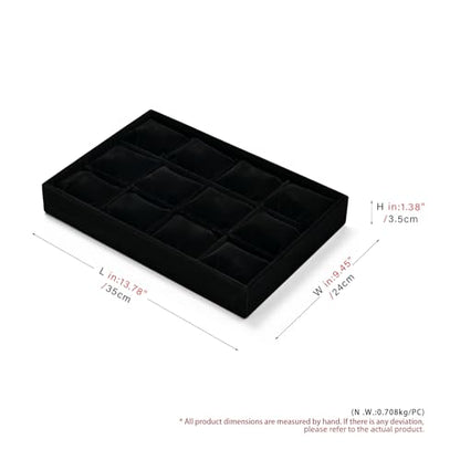 Black Velvet 12-Slot Watch Pillow Storage Tray | Soft black velvet 12-slot organizer tray with removable pillows, stackable, for drawer storage & retail jewelry display - size: 12 Grid with Pillow