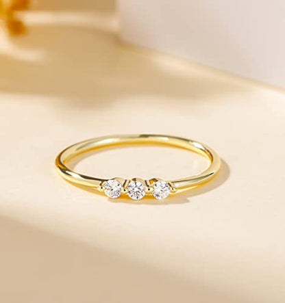 TIGRADE 1.5mm Eternity Ring 14k Gold Plated Three Cubic Zirconia Minimalist Engagement Ring Petite Round CZ Stacking Promise Ring for Women Size 3-11