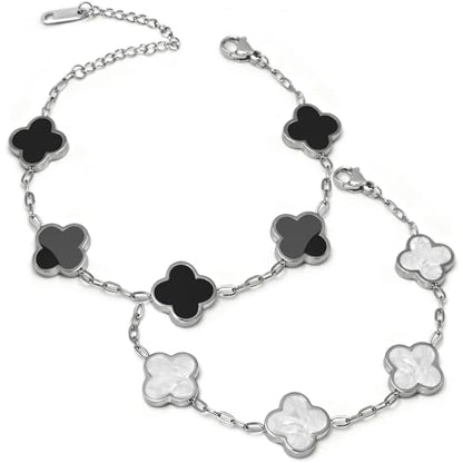 Four Leaf Clover Bracelet 18K Gold Plated Bracelets for Women Lucky Flower Design Stainless Steel Hypoallergenic Link Chain Adjustable Dainty Trendy Jewelry Gifts for Women - color: Silver Black+White