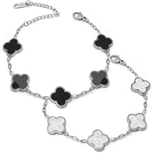 Four Leaf Clover Bracelet 18K Gold Plated Bracelets for Women Lucky Flower Design Stainless Steel Hypoallergenic Link Chain Adjustable Dainty Trendy Jewelry Gifts for Women - color: Silver Black+White