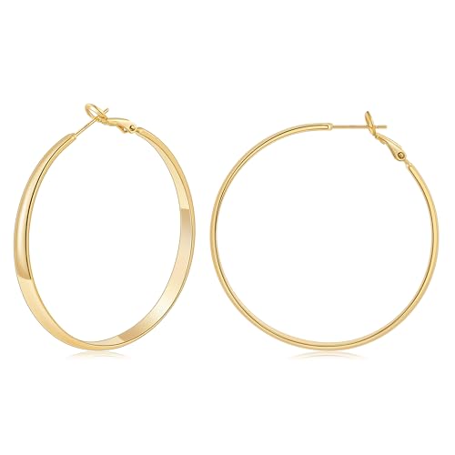 Gacimy 5mm Wide Gold Hoop Earrings for Women, 14K Gold Plated Hoops with 925 Sterling Silver Post, Hypoallergenic Earrings for Women - color: Gold, size: 50mm