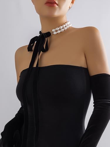 Double-layered Pearl Choker for Women Boho Pearl Bow Choker Necklace Black Velvet Long Ribbon Bow Collarbone Chain Vintage Beaded Choker Necklace Birthday Party Jewelry Christmas Gift