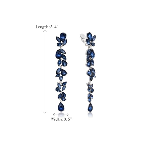 Crysdue Clip On Earrings for Women Rhinestone Crystal Teardrop Cluster Wedding Bridal Non Pierced Long Dangle Earring for Prom Party - color: Sapphire Silver-Tone