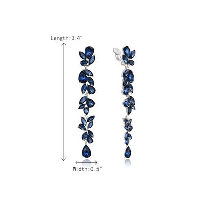 Crysdue Clip On Earrings for Women Rhinestone Crystal Teardrop Cluster Wedding Bridal Non Pierced Long Dangle Earring for Prom Party - color: Sapphire Silver-Tone