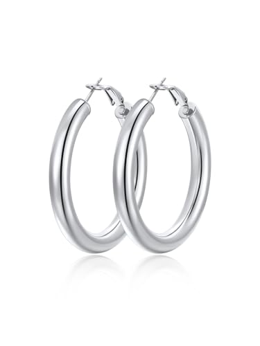 FindChic Hoop Earrings for Women, Silver/Black/14K Gold Plated Hypoallergenic Hollow Round Tube Loop Earrings, 20mm/30mm/40mm/60mm/80mm Chunky Hoops with Custom Name Options & Gift Box - color: b.Silver, size: 40MM