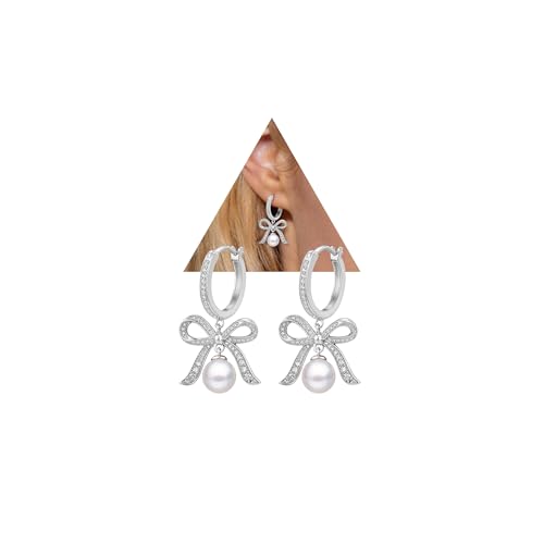 Pearl Drop Huggie Hoop Earrings for Women, Gold & Silver Hypoallergenic Bow | 14K Gold Plated, 925 Sterling Silver Posts, Hypoallergenic, Ideal Gifts for Wedding Anniversary Birthday Mother's Day - color: Silver