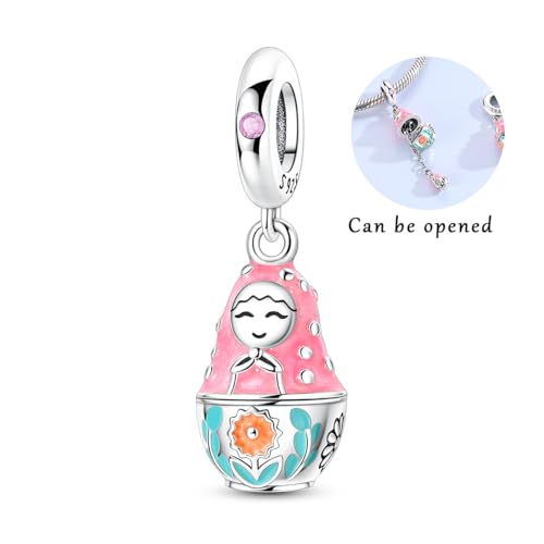 Hapour 925 Sterling Silver Charms for Bracelet Necklace Dangle Pendant Bead | Whale Shark Charm, Glow in the Dark, Matryoshka Russian Doll Baking European Jewelry Charm, 14k Gold Plated - style: Pink Russian Matryoshka Doll