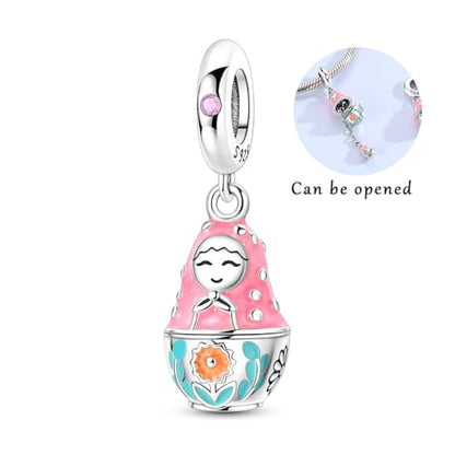 Hapour 925 Sterling Silver Charms for Bracelet Necklace Dangle Pendant Bead | Whale Shark Charm, Glow in the Dark, Matryoshka Russian Doll Baking European Jewelry Charm, 14k Gold Plated - style: Pink Russian Matryoshka Doll