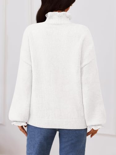 MEROKEETY Women's Fall Trendy Chunky Knit Cardigan Casual Ruffle Sweaters | Button Down, Long Sleeve, Cute Ruffle Collar, Mock Neck, Fashion Cozy Knit Sweater, Dressy Casual Winter Outerwear Clothes - color: White, size: Medium