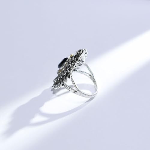 Boho Retro Rhinestone Ring Ethnic Big Flower Crystal Finger Ring Trendy Statement Tribal Indian Dance Costume Ring Jewelry for Women - color: Silver-black