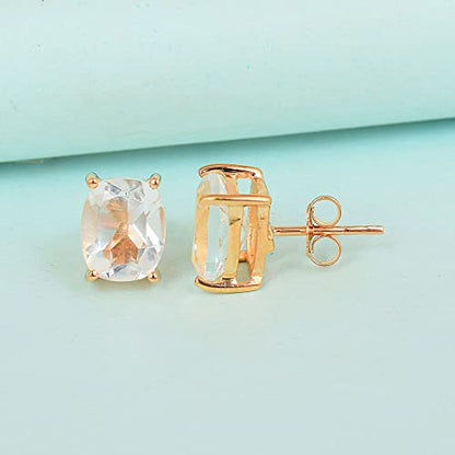 Women's 18K Gold Plated 8x10mm Princess Cut Gemstone Stud Earrings – Birthstone Jewelry for Her – Classic Cushion Studs - color: White Quartz