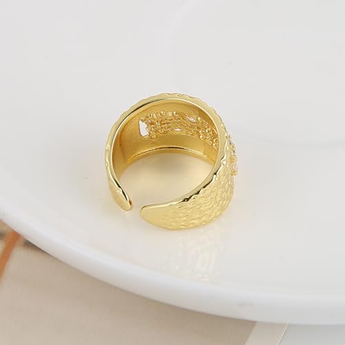 HZMAN 14K Gold Plated Open Ring for Women Brass Crystal Non Adjustable Statement Ring Collection - color: Hammered Brass