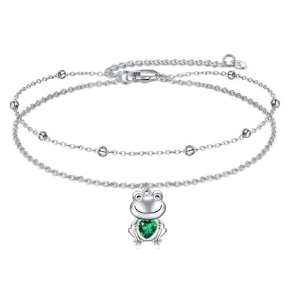 POPLYKE Frog/Pearl/Dragonfly/Ladybug/Highland Cow/Pearl/Moonstone Anklets Sterling Silver Double Layered Chain Beach Anklets for Women Foot Jewelry - style: Frog Anklets