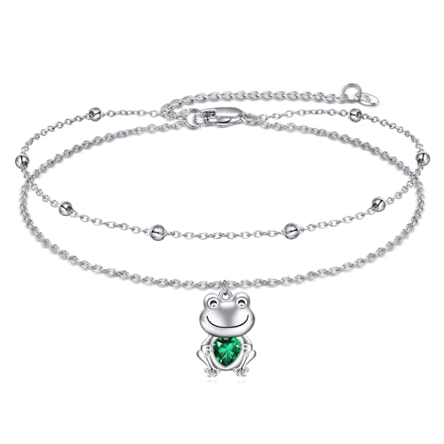 POPLYKE Frog/Pearl/Dragonfly/Ladybug/Highland Cow/Pearl/Moonstone Anklets Sterling Silver Double Layered Chain Beach Anklets for Women Foot Jewelry - style: Frog Anklets
