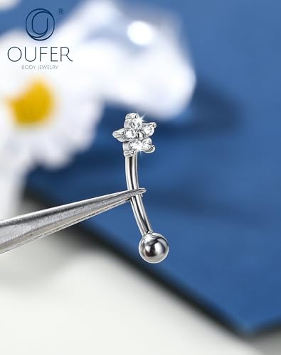 OUFER 16g Flower Rook Earrings Silver Rook Piercing Jewelry Hypoallergenic Surgical Steel Eyebrow Earrings Curved Barbell Small Belly Button Rings for Women