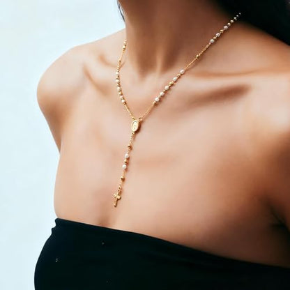 Lariat Necklaces for Women - Dainty Long Necklace Trendy 14K Gold Plated Hypoallergenic Layered Long Y-Shape Sunburst CZ T-Bar Pendant Drop Chain Necklace Set for Women Non Tarinsh Jewelry - style: Y-shaped chain of the Virgin Mary