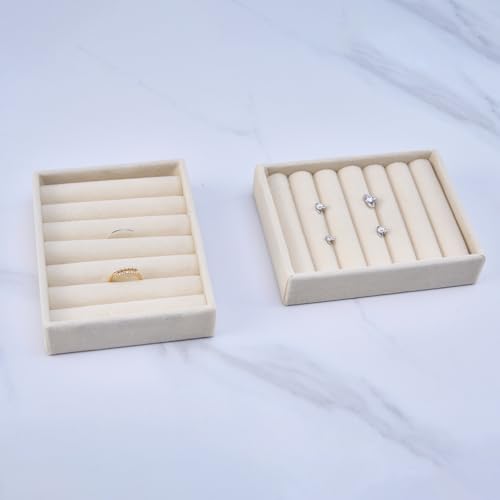 Ring Tray - 2PCS Small Jewelry Organizer, Velvet Rings & Earrings Display Tray with Storage Insert (Beige)