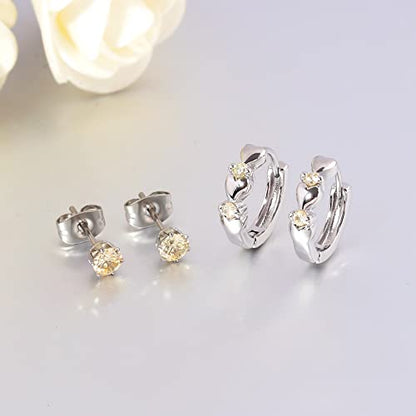 CiNily 14K White Gold Plated Small Hoop Earrings for Women Girls Heart Cubic Zirconia Hypoallergenic Earrings - color: Studs set-silver-light yellow