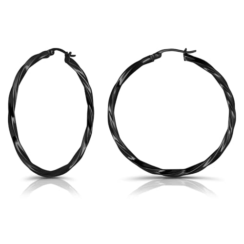Hoops & Loops 925 Sterling Silver Twisted Hoop Earrings for Women - Hypoallergenic 14K Gold, Rose Gold, Black Flash Plated 2mm Thin Twist Design Round Click-Top Hoops, 15/20/25/30/35/40/50/60mm - color: Black-40mm (1.56 inch)