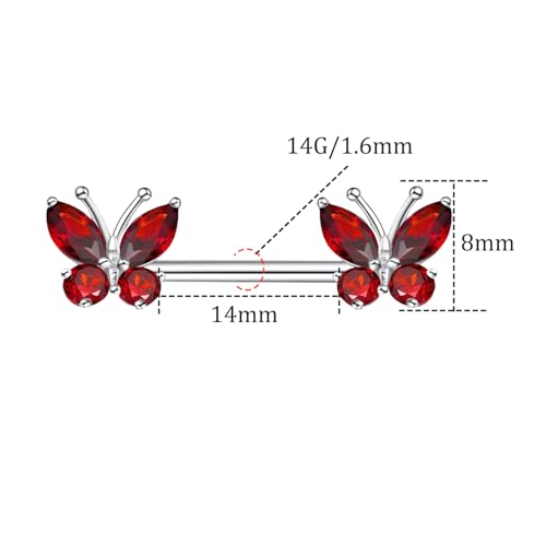 VERAMI 14G Stainless Steel Heart Nipple Rings and Barbell - Butterfly, Starlight Acrylic Ball, Tongue Rings for Women and Men - color: Red CZ-B