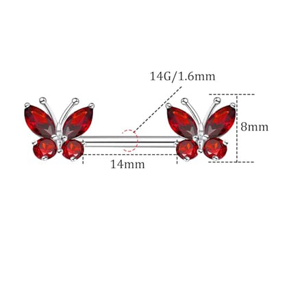 VERAMI 14G Stainless Steel Heart Nipple Rings and Barbell - Butterfly, Starlight Acrylic Ball, Tongue Rings for Women and Men - color: Red CZ-B