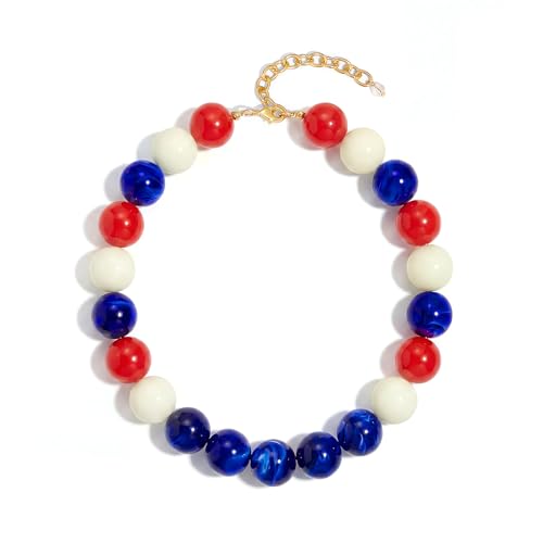 Chunky Beaded Necklaces for Women Statement Necklace | Bold Chunky Choker, Large Resin Beads, Adjustable Necklace, Boho Trendy Summer Beach Holiday Jewelry - color: Red white blue