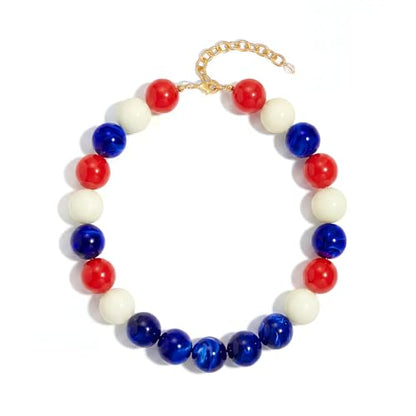 Chunky Beaded Necklaces for Women Statement Necklace | Bold Chunky Choker, Large Resin Beads, Adjustable Necklace, Boho Trendy Summer Beach Holiday Jewelry - color: Red white blue
