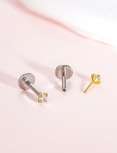 limerencia G23 Hypoallergenic 18g Flat Back Stud Earrings | F136 Implant Grade Titanium Pressfit Threadless Push Pop in Cartilage Helix Labret Lip Monroe Tragus Flat Back Piercing Studs - color: 2mm White CZ Gold