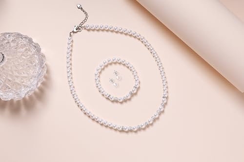 6mm Pearl Jewelry Set for Women & Girls, Necklace Bracelet Earrings | Sparkling Rhinestone Detail, Faux Pearl Set, Prom Gift - style: 16 inches white