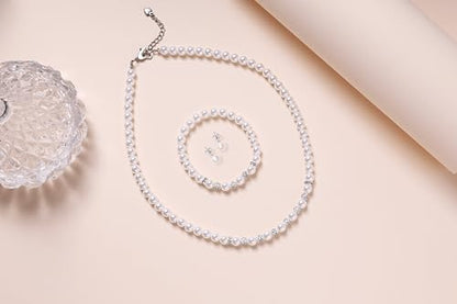 6mm Pearl Jewelry Set for Women & Girls, Necklace Bracelet Earrings | Sparkling Rhinestone Detail, Faux Pearl Set, Prom Gift - style: 14.5 inches white