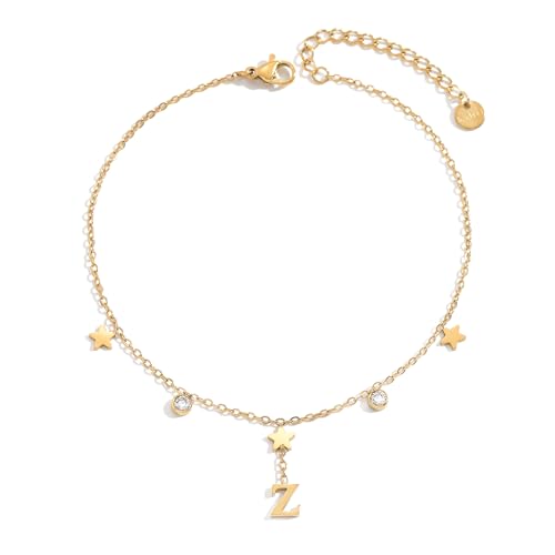 Initial Anklet for Women, 18K Gold Plated Waterproof Ankle Bracelet, Star CZ Letter A-Z Personalized Beach Foot Jewelry - color: Z