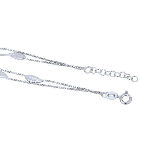 Vanbelle Genuine Sterling Silver Jewelry - Rhodium Plated with 925 Stamp - Designer Leaf Anklet - Elegant handcrafted Double layered Chain Bracelet for Women - 6.5" long + 1" extender