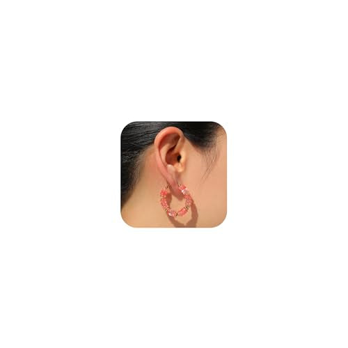 Wellike Beaded Hoop Earrings for Women Natural Stone Pink Gold Huggie Earrings Hypoallergenic Dainty Waterproof Trendy Jewelry - color: Rose Pink, size: 35mm