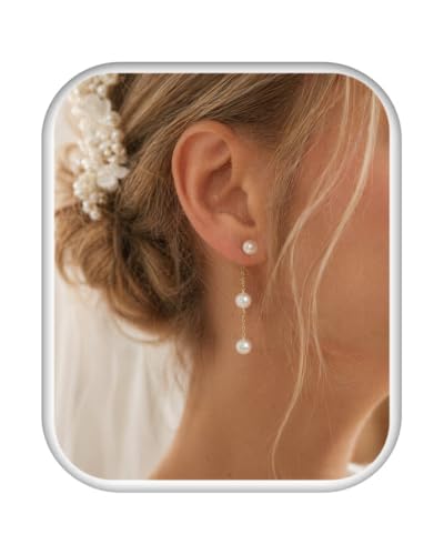Trinckle Pearl Earrings for Women Drop Jewelry Bride Wedding Accessories | Dainty Gold Pearl Dangle Earrings, Silver Earrings for Bridesmaid, Floral Boho Bow Jewelry for Girls Prom Homecoming Gift - color: gold-short-1.9 in（3 pearl)