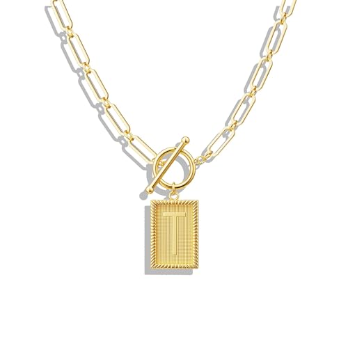 Tewiky Gold Initial Necklaces for Women, Square Letter Pendant Necklace | Toggle Clasp，Trendy 14K Gold Plated Dainty Paperclip Chain Necklaces for Women，Jewelry Gifts - style: Gold T