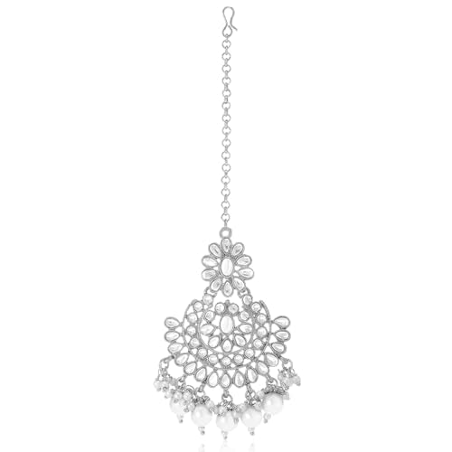 Aheli Faux Pearl Choker Necklace with Earrings Indian Traditional Bollywood Jewelry Set Gift for Women - color: Rhodium White