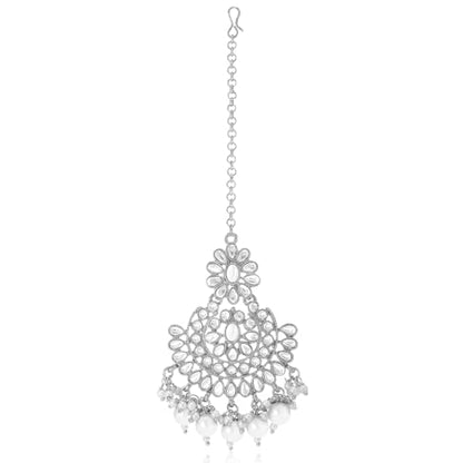 Aheli Faux Pearl Choker Necklace with Earrings Indian Traditional Bollywood Jewelry Set Gift for Women - color: Rhodium White