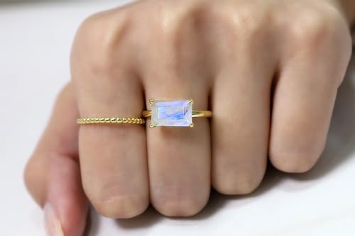 Emerald Cut Moonstone Ring - Rainbow Moonstone Solitaire - Sterling Silver June Birthstone - Minimalist Rectangle Gemstone Ring