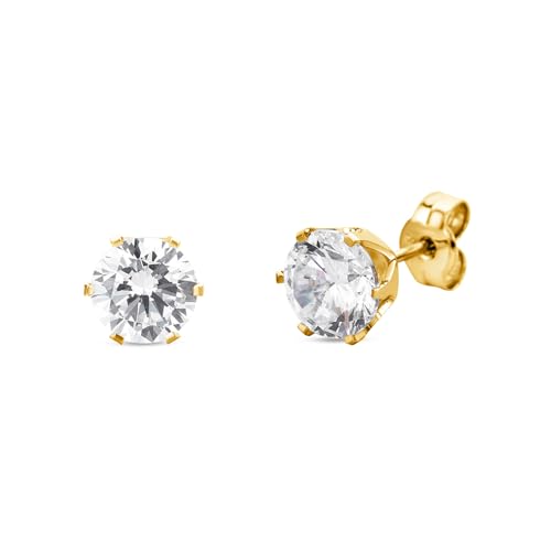 Orovi Round 14K Gold Earrings for Women in Solid 14K White Gold 585/14K Yellow Gold 585 with Ruby/Sapphire/Zirconia/Emerald Gemstones, Stud Earrings For Women,Women's Jewelry Delivered in Jewelry Box - color: 14K Yellow Gold/ Zirconia