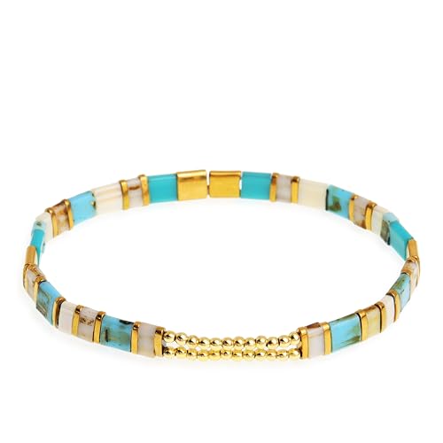 Sonateomber Tila Flat Beaded Stretch Bracelets for Women, Trendy Unique Colorful Square Beads Handmade Stack Bracelet Friendship Accessories Fashion Jewelry Gift - color: Gold Bead Turquoise White