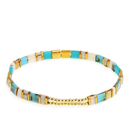 Sonateomber Tila Flat Beaded Stretch Bracelets for Women, Trendy Unique Colorful Square Beads Handmade Stack Bracelet Friendship Accessories Fashion Jewelry Gift - color: Gold Bead Turquoise White