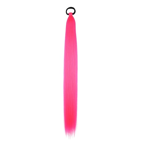 Ponytail Extension 2 Pc Rose Red Braid Ponytail Extension with Elastic Tie | Rave Hair Extensions Straight Wrap Around Hair Extensions Ponytail, 26 Inch Natural Soft Synthetic Hair Piece for Women - color: Rose Red#, size: 26 Inch（Pack of 2）