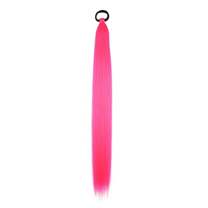 Ponytail Extension 2 Pc Rose Red Braid Ponytail Extension with Elastic Tie | Rave Hair Extensions Straight Wrap Around Hair Extensions Ponytail, 26 Inch Natural Soft Synthetic Hair Piece for Women - color: Rose Red#, size: 26 Inch（Pack of 2）