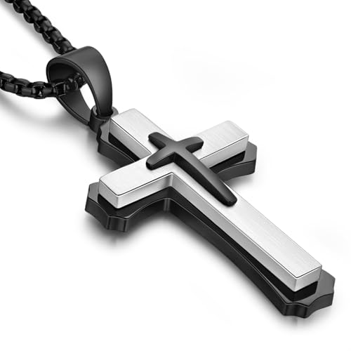 Men's Cross Necklace 316L Stainless Steel Large Heavy Cross Pendant for Men Polished Jewelry Rolo Chain with 22'' 24'' 26'' - color: F-Black and White, size: 22 inch