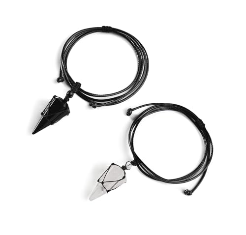 Top Plaza Mens Necklace, Crystal Gemstone Protection Pendant Necklace | Healing Crystals Necklace for Men Adjustable 6 Facet Pointed Necklace Energy Natural Quartz Protect Jewelry Gifts - color: Black Rope - Clear Quartz+Black Obsidian